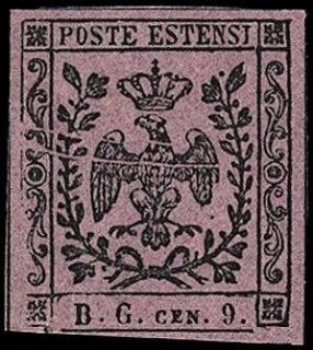 MODENA 1853 - SG2a: 9c violetto lillaceo II tipo "BG" piccolo