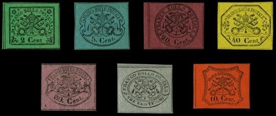 PONTIFICIO 1867 - 13+15/20: 2c verde giallo, 3c grigio, 5c azzurro verdastro, 10c vermiglio arancio, 20c rosso bruno, 40c giallo, 80c rosa lillaceo