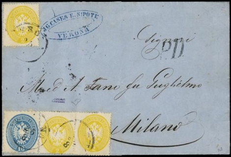 LOMBARDO VENETO 1864 - 41+44: 2s giallo e 10s azzurro su lettera da "VERONA 25/8/64" a Milano