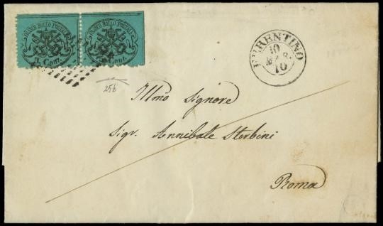 PONTIFICIO 1870 - 22b+pt.4: 5c azzurro verdastro coppia da "FERENTINO 10 MAR 70" a Roma