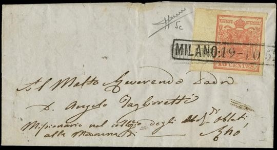 LOMBARDO VENETO 1850 - 05b: 15c rosa carnicino su lettera da "MILANO: 19-10-52" a Rho