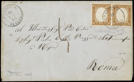 PONTIFICIO 1863 - 14Eb+pt.8: Regno di Sardegna 10 c bistro scuro coppia orizzontale annullata "MONDOLFO PESARO 19 GIU.63" su lettera per Roma
