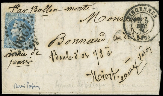 1870 - 20c azzurro "Napoleone Laureato" annullato stella 4290 su lettera di piccolo formato  da VINCENNES 5 DEC 1870 a Niort con arrivo il 9 dicembre. Lettera trasportata da LArmée de Bretagne, interessante annullo della banlieu parigina, splendido (Yvert 29 -  700)