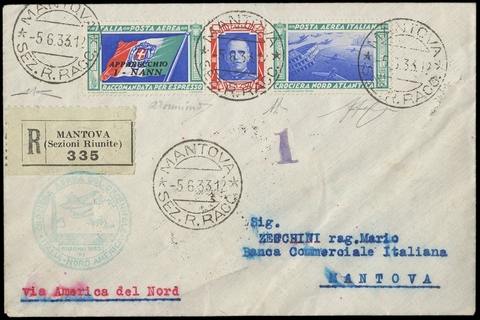 ITALIA REGNO 1933 - PA52L: Crociera Nord Atlantica, trittico 50L "I-NANN" da Mantova per Mantova via New York