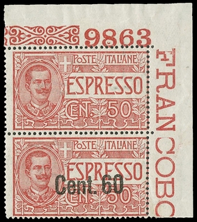 ITALIA REGNO 1922 - E6e: 60 su 50c rosso, coppia verticale