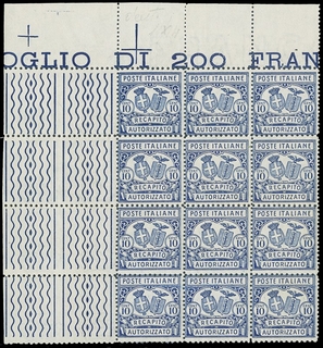 ITALIA REGNO 1928 - RA1aa: Recapito Autorizzato, 10c azzurro BL12, dent.mista