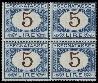 ITALIA REGNO 1870 - T13: Segnatasse, 5L azzurro e bruno BL4