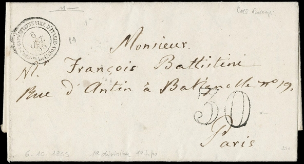 FRANCIA POSTA MILITARE - 1855: LETTERA DIRETTA A PARIGI CON IL DOPPIO CERCHIO "CORPS EXPEDITIONNAIRE D'ITALIE 1 DIVISION 6 OCT.55""