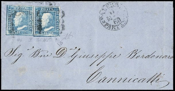 SICILIA 1859 - 07: 2gr azzurro PA due esemplari su lettera per Canicattì