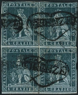 TOSCANA 1851 - 06c: 4cr verde azzurro su carta grigio-azzurrata BL4 con bollo a cuore di Firenze