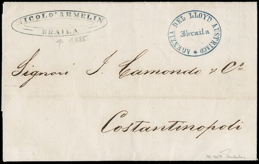 LEVANTE AUSTRIACO ANNULLI 1855: ovale azzurro "AGENZIA DEL LLOYD AUSTRIACO IBRAILA" su lettera non affrancata per Costantinopoli