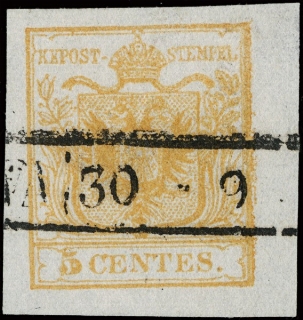 LOMBARDO VENETO 1850 - 01d: 5c giallo arancio I tir. BdF