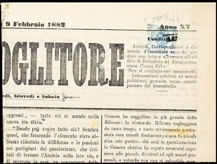 AUSTRIA 1877 - SG1/I: Segnatasse per giornali, 1kr azzurro, III tipo, su "IL RACCOGLITORE" del 9 febbraio 1882, frode postale