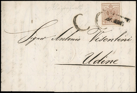 LOMBARDO VENETO 1850 - 04: 6kr bruno su lettera da "KLAGENFURTH 11.SET." a Udine