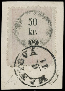 LOMBARDO VENETO 1858/66 - 09: Marche per lettere di accompagnamento di pacchi postali, 50kr rosa e nero annullata (C1) "MANTOVA 6/11" su frammento