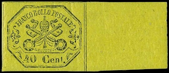 PONTIFICIO 1867 - 19: II emissione, 20c giallo non dentellato BdF sinistro