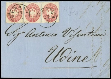 LOMBARDO VENETO 1861 - 38a: 5s rosa, IV emissione, striscia di tre su lettera da "VERONA 27/8" a Udine