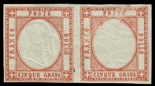 PROVINCE NAPOLETANE 1861- 21l: 5gr rosso carminio coppia orizzontale